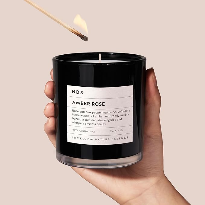 Amber & Rose Luxury Scented Candles, 9oz Soy Wax Candles for Home Scented, Rose, Wood, Amber Scent, Long Burning Time, Gifts for Christmas, Women, Friends, Men, Sister, Mom, Teacher
