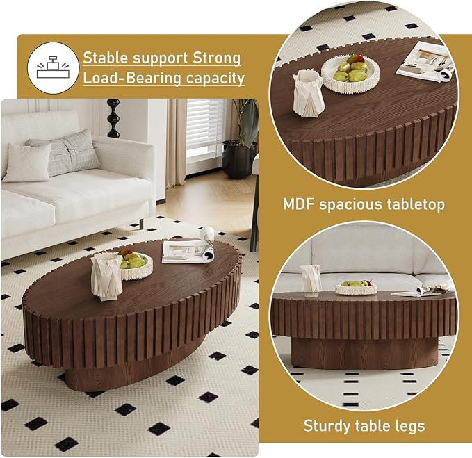 Oval Drum Coffee Table 43.3" Wooden Coffee Tables Handcrafted Fluted Drum Coffee Table Mid Century Modern Luxury Center Table Vintage Farmhouse Center Table for Living Room (Oval Dark Brown)