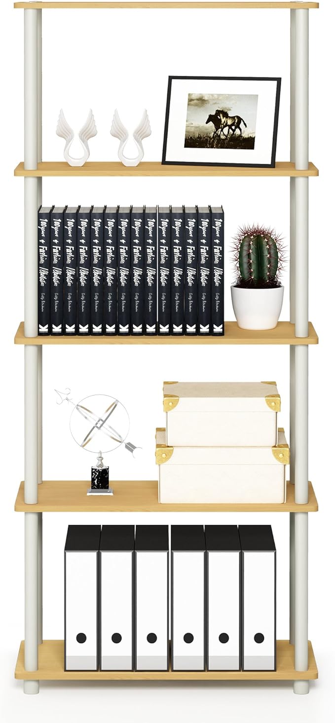 Furinno TURN-N-TUBE Storage Shelves, 5-Tier Book Shelf, Corner Shelf, Toolless Open Shelves, for Organization and Storage, Living Room, Garage, Home Office, Beech