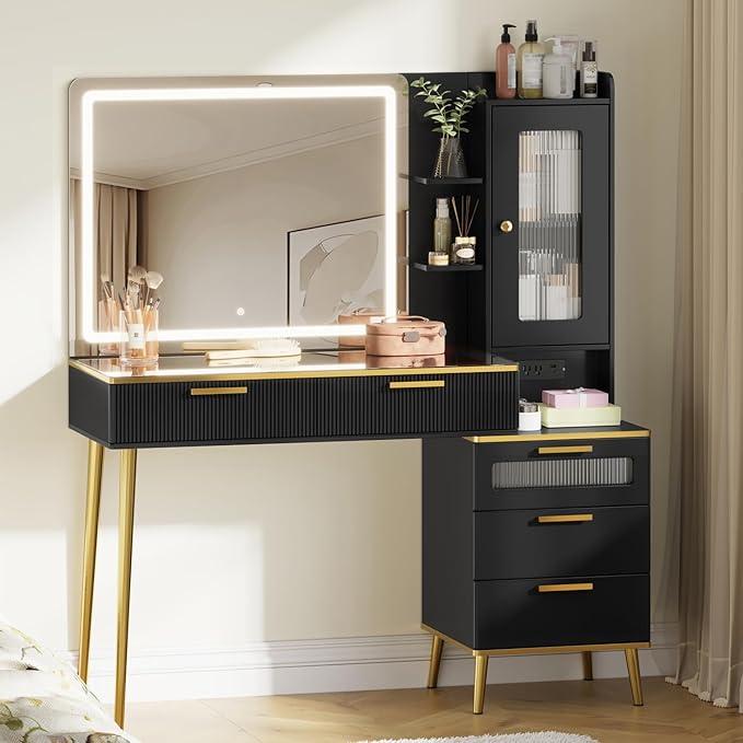 47.24" Big Modern Vanity Desk with Mirror and Lights, Vanity Desk with 29.53" HD Lighted Mirror, Makeup Vanity with 5 Drawers and Storage Shelves and Charging Station, Black2