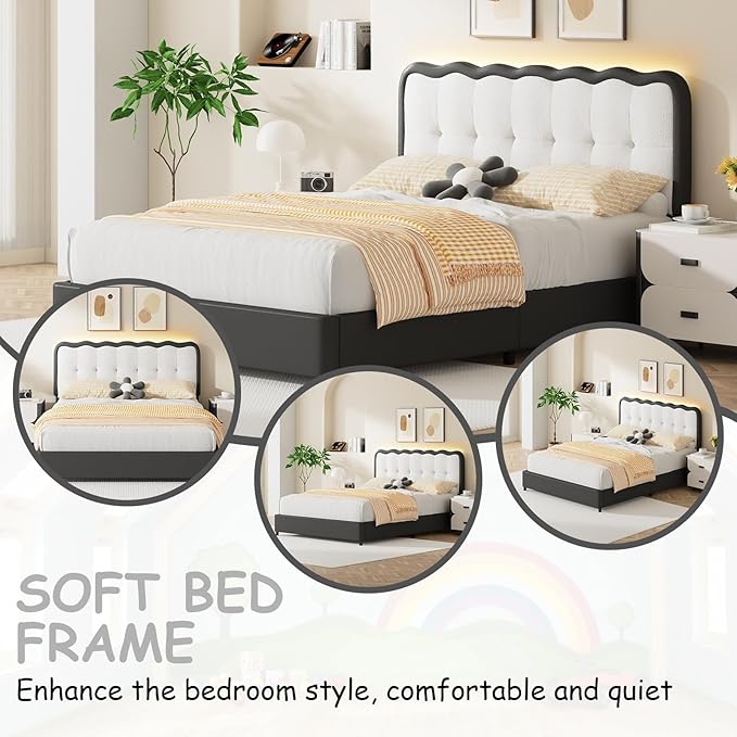 BarnFurin Queen Bed Frame with LED Lights, Queen Size Bed Frame with Headboard LED Lights, Upholstered Platform Bed with Cloud Headboard, No Box Spring Required, Easy Assembly, Black