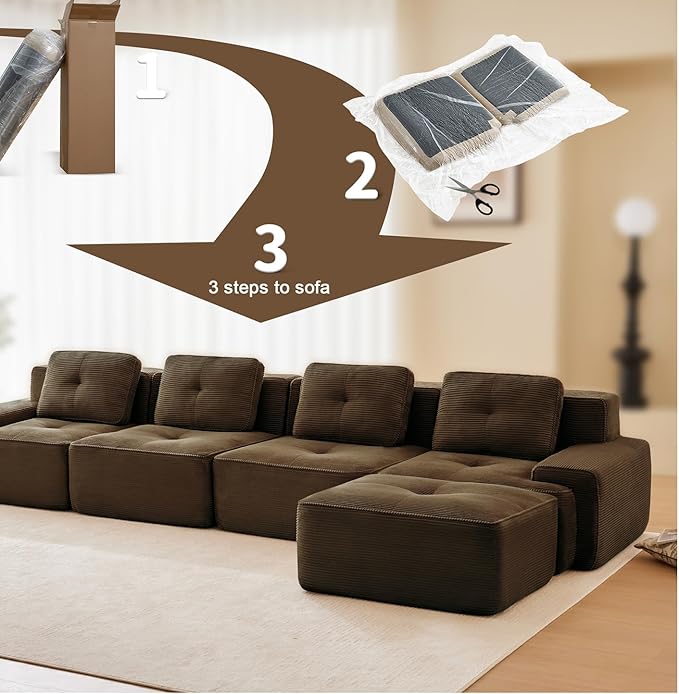 150" Modern Compressed Boneless Couch with Ottoman, 4 Seater Large L Shaped Sectional Couches for Living Room, Brown Corduroy Cloud Modular Sectional Sofa, Memory Foam, Extra Deep, No Assembly