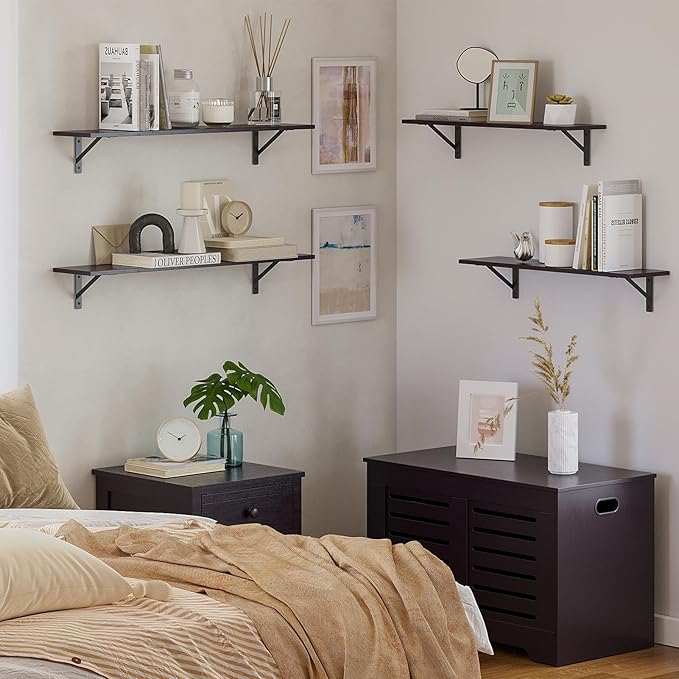 DINZI LVJ Long Wall Shelves, 23.6 Inch Wall Mounted Shelves Set of 2, Easy-to-Install, Storage Ledges with Sturdy Metal Brackets for Living Room, Bathroom, Bedroom, Kitchen, Espresso