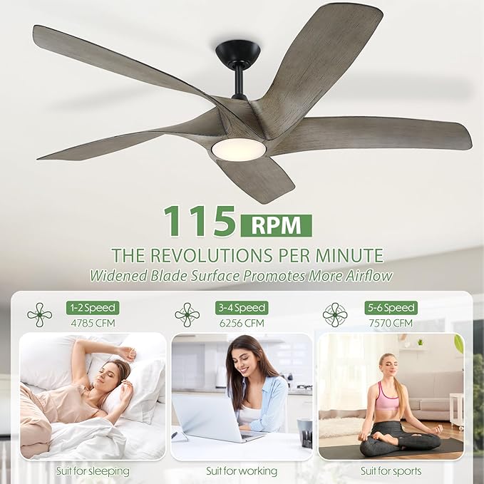 60 inch Wood Ceiling Fans with Lights and Remote,5 Blades Large Walnut Ceiling Fan, Outdoor Ceiling Fanwith 6 Speeds,Reversible DC Motor, Timer for Living Room, Farmhouse, Patio(Grey Oak)