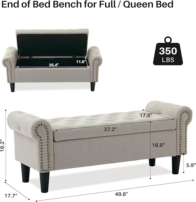 Storage Bench, 50" Queen End of Bed Bench, Linen Tufted Button Upholstered Bedroom Bench, Storage Ottoman with Rolled Arms, Window Bench with Storage, for Living Room, Entryway Light Brown