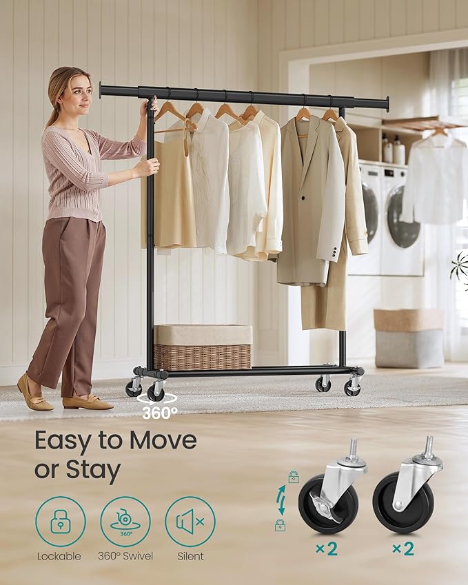 SONGMICS Clothes Rack with Wheels, Heavy-Duty Clothing Rack for Hanging Clothes, Portable, 17.7 x (36.2-52) x 63.6 Inches, with Extendable Rail, 220 lb Load Capacity, Black UHSR13BKV1