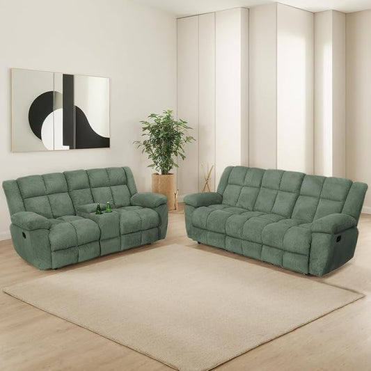 Manual Recliner Sofa Set,Corduroy Reclining Couch Set,Modern Living Room Furniture Set,Reclining Sofa Couch Chair for Living Room Home Office(Green,Sofa+Loveseat)