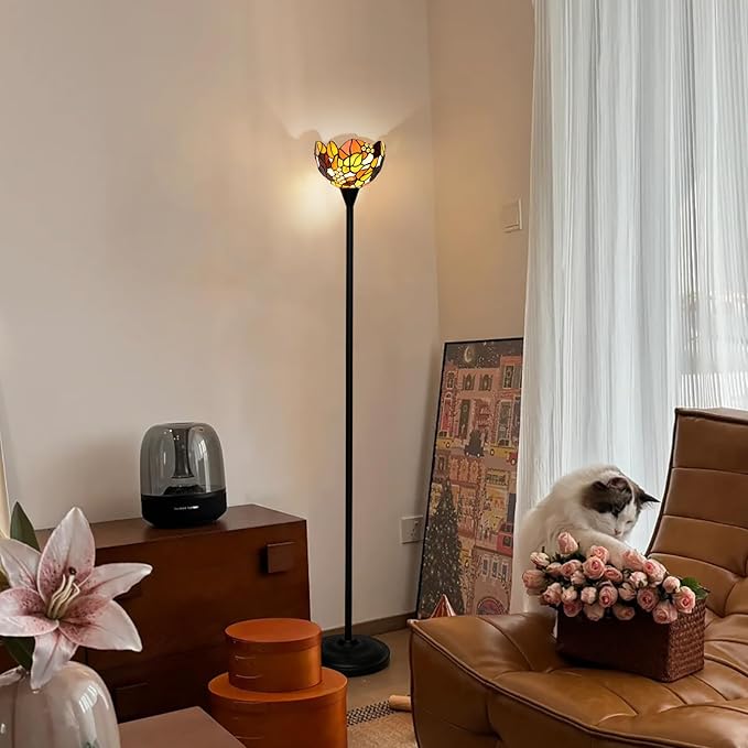 Tiffany Floor Lamp Tochiere Standing Lamp Yellow Grapes Style Stained Glass Floor Light Vintage Tall Pole Uplight Rustic Corner Lamp with Foot Switch for Home Decor Living Room Bedroom