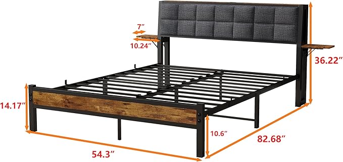 Full Size Metal Bed Frame with Ergonomic Upholstered Headboard and Charging Station, Platform Bed Frame with Storage Shelves, Heavy Duty Metal Slats, No Box Spring Needed, Brown+Grey