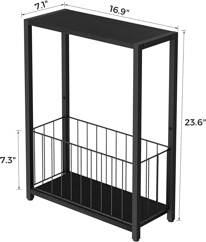Narrow Side Table with Magazine Holder, Skinny End Table Perfect for Small Spaces, Space-Saving Design for Living Room, Bedroom, or Office, 7.1" D x 16.9" W x 23.6" H, Black