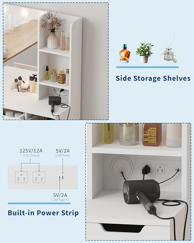 Garvee Vanity Desk with Mirror and Lights - Makeup Vanity Desk with 4 Drawers, Built-in Power Outlet & USB, Adjustable LED Lighting, Makeup Table for Bedroom