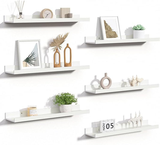 upsimples Floating Shelves for Wall, 23.6 Inch Shelves for Decor Storage Set of 6, Wall Mounted Wood Shelf for Bedroom, Living Room, Bathroom, Kitchen, Long Picture Ledge Shelves, White