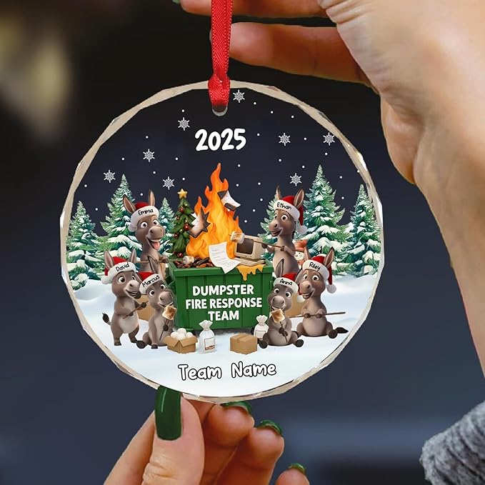 NAZENTI Personalized Funny Donkey Fire Response Team Glass Ornament, Custom Flaming Dumpster Holiday Piece, Coworker Christmas Tree Hanging Decoration