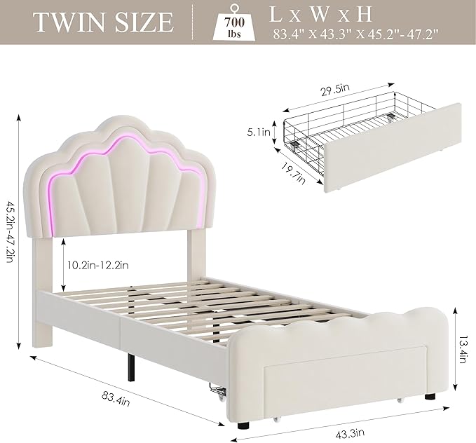 HOSTACK Twin Upholstered LED Bed Frame with Storage Drawer, Cute Girls Bed with Adjustable Lotus Headboard, Velvet Princess Platform Bed Frame, Wooden Slats Support, No Box Spring Needed, Cream