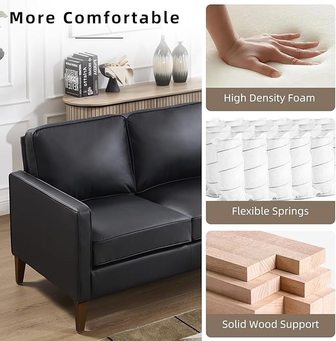 EBELLO 77” Mid Century Modern Sofa Couch, 3 Seater Faux Leather Couches for Living Room, Soft Padded Comfy Cushion, Small Sofa for Small Spaces, Apartment, Bedroom, Black