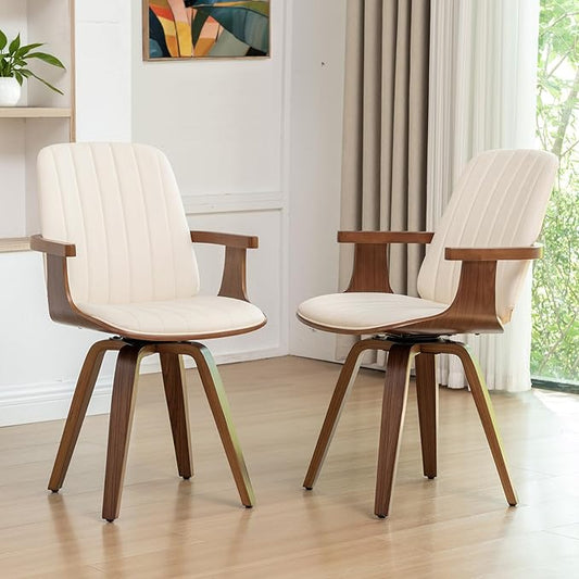 Swivel Dining Chairs Set of 2, Mid Century Modern Dining Chairs with Walnut Craftsmanship, Upholstered Faux Leather , Wooden Arms and Legs, Kitchen Chairs with Arms for Kitchen/Living Room - Beige