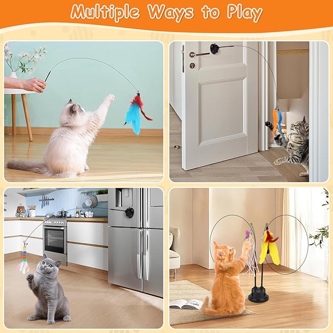 Cat Teaser Wand, Cat Toys Feather with Super Suction Cup, Double Headed Detachable Interactive Cat Toy, 12 PCS Elastic Cat Toys with Feathers, Cat Wand Toys for Indoor Cats