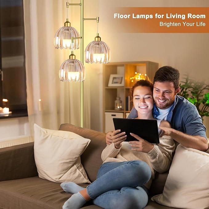 Gold Floor Lamps for Living Room Bedroom-3 Light Glass Floor Lamp with Three Led Bulb, Rustic Tall Floor Lamp Gold Standing Lamp Tree Floor Lamps for Living Room Bedroom,Office,Corner