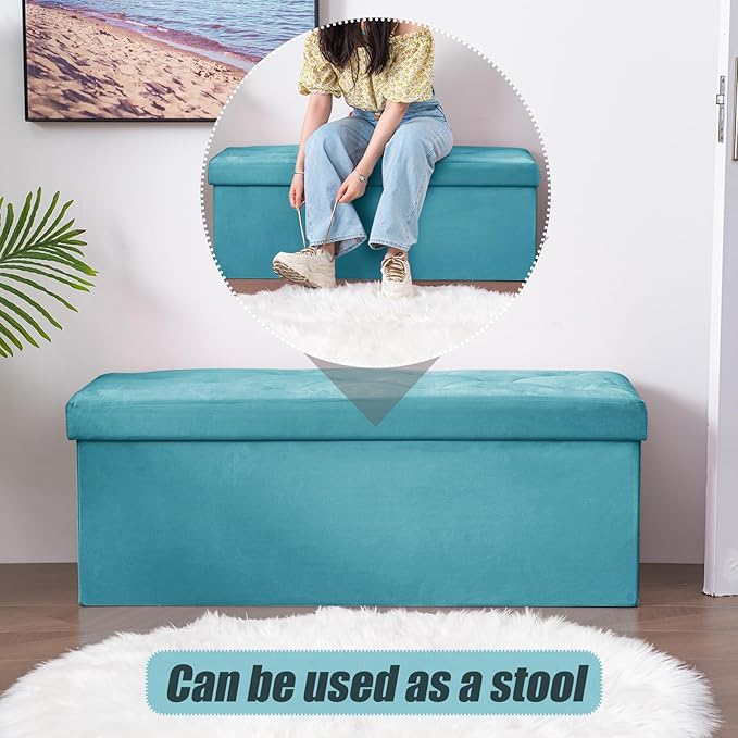 BRIAN & DANY 43 Inches Folding Storage Ottoman Bench, Velvet Ottoman with Storage for Living Room, Long Shoes Bench,Flannelette Footrest Benches Seat (Teal)