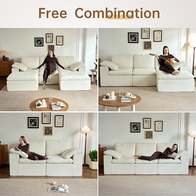 ANONER 108" Cloud-Like Modular Sectional Sofa, Deep Seat with Soft Pillow, 3 Seater Boneless Couch and Breathable Chenille Fabric, Beige