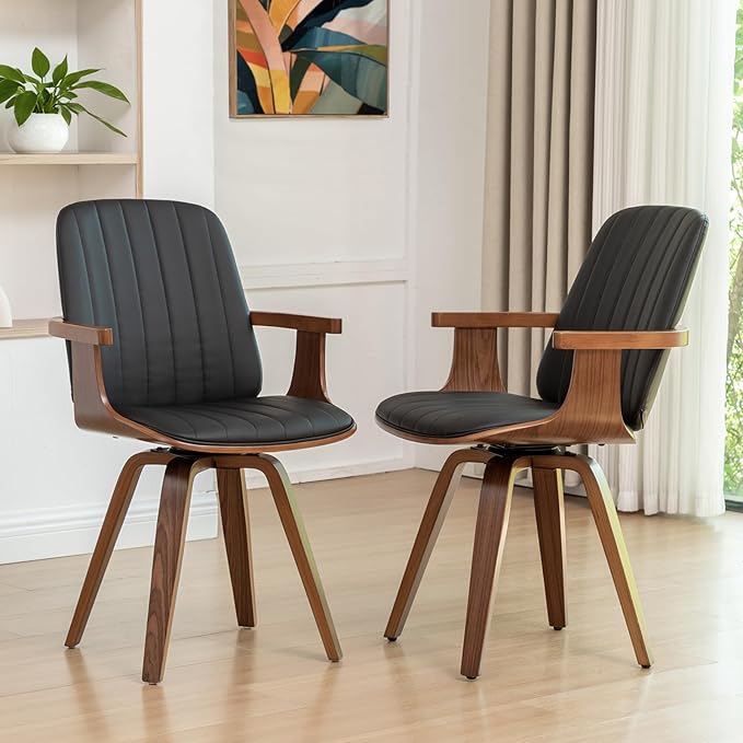Swivel Dining Chairs, Set of 6 Kitchen Swivel Chairs with Walnut Craftsmanship, Upholstered Faux Leather, Wooden Arms and Legs, Walnut Dining Chairs for Kitchen/Living Room - Black