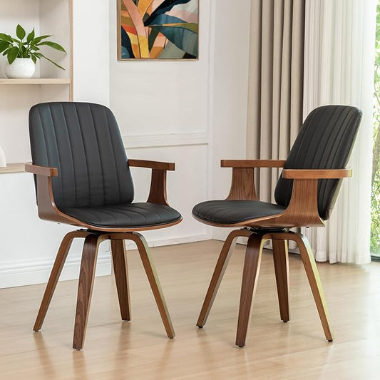 Swivel Dining Chairs, Set of 2 Kitchen Swivel Chairs with Walnut Craftsmanship, Upholstered Faux Leather, Wooden Arms and Legs, Walnut Dining Chairs for Kitchen/Living Room - Black