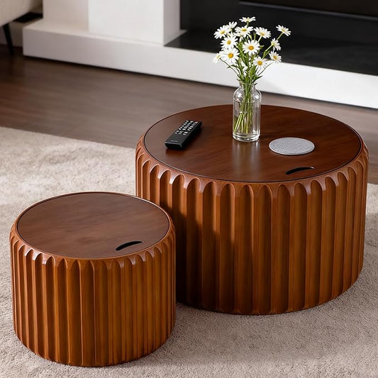 26" Round Nesting Coffee Table Set of 2 with Storage, Modern Round Wood Fluted Coffee Tables with Storage for Living Room Nesting End Table for Small Space (A Walnut)