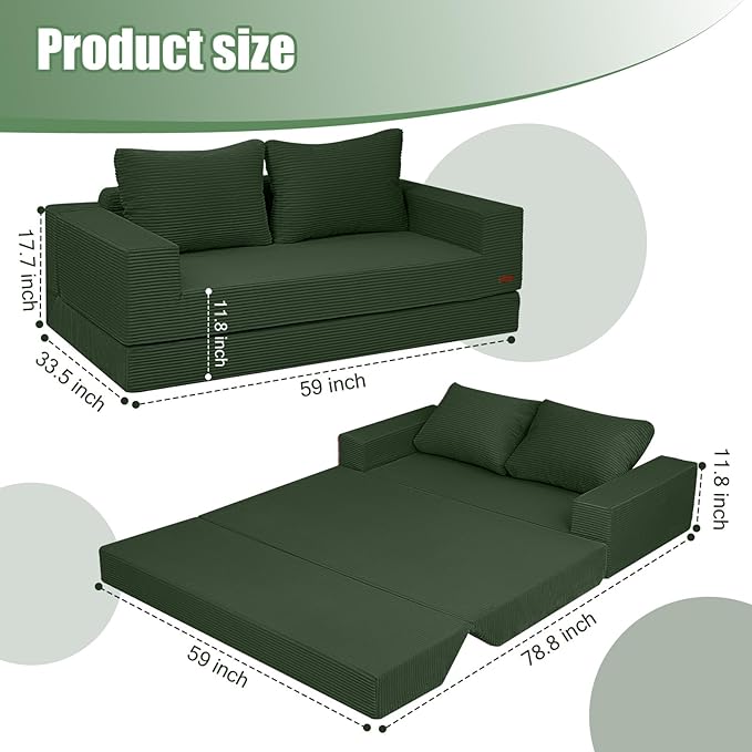 COMAX Convertible Sofa Bed Queen, Corduroy Folding Floor Couch Pull Out Couch Bed Futon Sleeper with Pillows, Fold Out Boneless Sofa Comfy Lounge Mattress Loveseat for Living Room Bedroom, Green