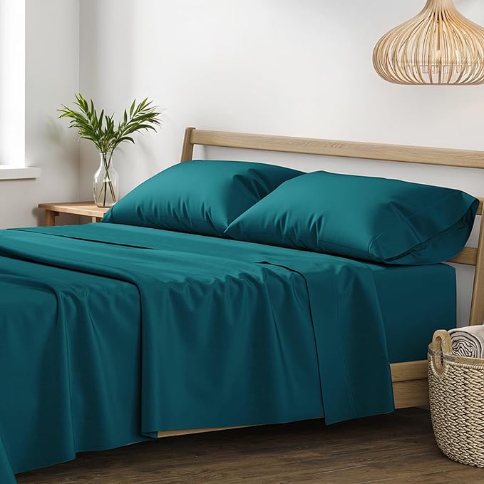 XOOX Linen 100% Egyptian Cotton Sheets California King Size - 1200 Thread Count Cal King Sheet Set Egyptian Cotton, 4 PC Luxury Bedsheet (Teal), Soft, Cooling, 17" Deep Pocket Bedsheet Set