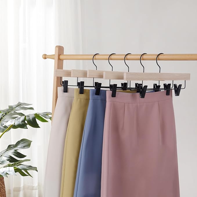 Nature Smile Deluxe Wooden Pants Hangers,Solid Rubber Wood Jeans Skirt Hanger Without Painting,with Adjustable Black Clips and Rotatable Hook,Pack of 20(Natural Unvarnished)
