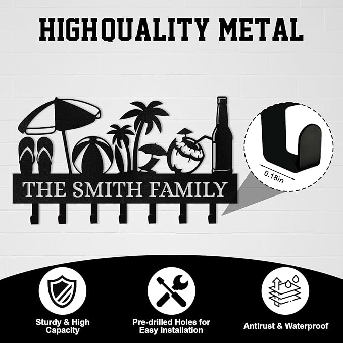 Personalized Key Holder for Wall, Beach Theme Key Holder Wall Mount with Hooks, Coconut Trees Key Hanger Wall Decor for Pool Bathroom Hallway Entryway Office, Customized Home Decor Gifts Color04