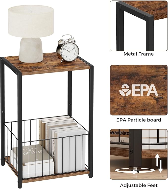 Side Table with Magazine Holder, Record Player Stand with LP Shelf, End Table for Living Room, Bedroom, or Bedside, Easy Assembly, 11" D x 16.9" W x 23.6" H, Rustic Brown