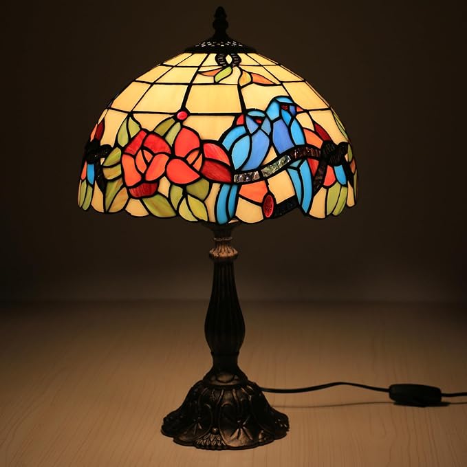 Tiffany Style Table Lamp Hummingbirds Flower Stained Glass Bedside Nightstand Table Lamp for Bedroom,Living Room,Home Office Farmhouse Desk Lamps 12X12X19Inch