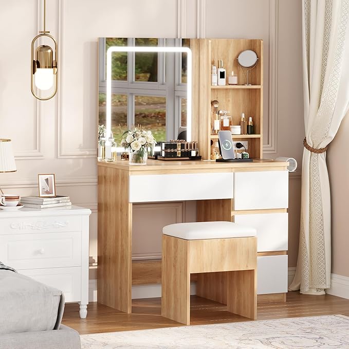 GarveeHome Vanity Desk with Mirror and Lights - Modern Makeup Dressing Table with Outlets, Storage Stool, 4 Drawers & Hair Dryer Holder - 3 Colors LED Vanity Mirror, Vanities for Bedroom, Natural