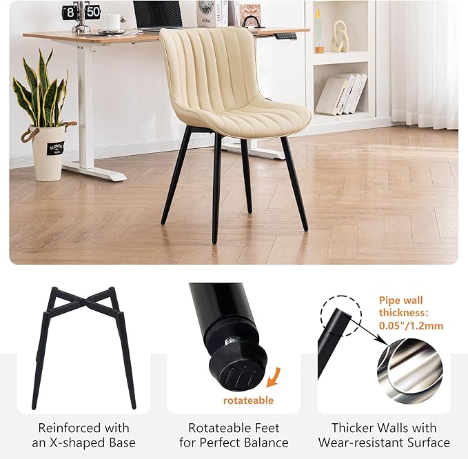 YOUNUOKE Mid-Century Modern Dining Chairs Set of 2, Beige PU Leather Upholstered Kitchen Chairs with Black Metal Legs, Armless Accent Chair for Dining Room, Guest Reception Room