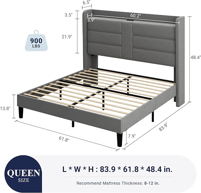 Allewie Queen Size Platform Bed Frame with Charging Station & Storage Headboard, Upholstered Velvet Wingback Design & USB Port, Strong Wooden Slats Support, No Box Spring Needed, Easy Assembly, Grey