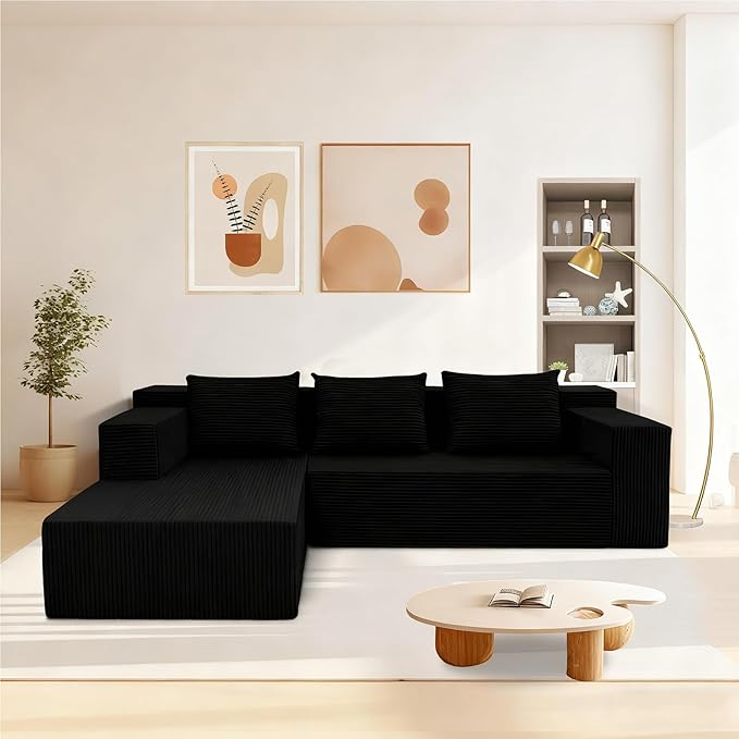 ANONER 103" L-Shaped Cloud Couch with Chaise, Modular Sectional Corner Sofa with Deep Seat, Modern Minimalist Boneless Couch, Free Combination Couches for Apartment (Black)