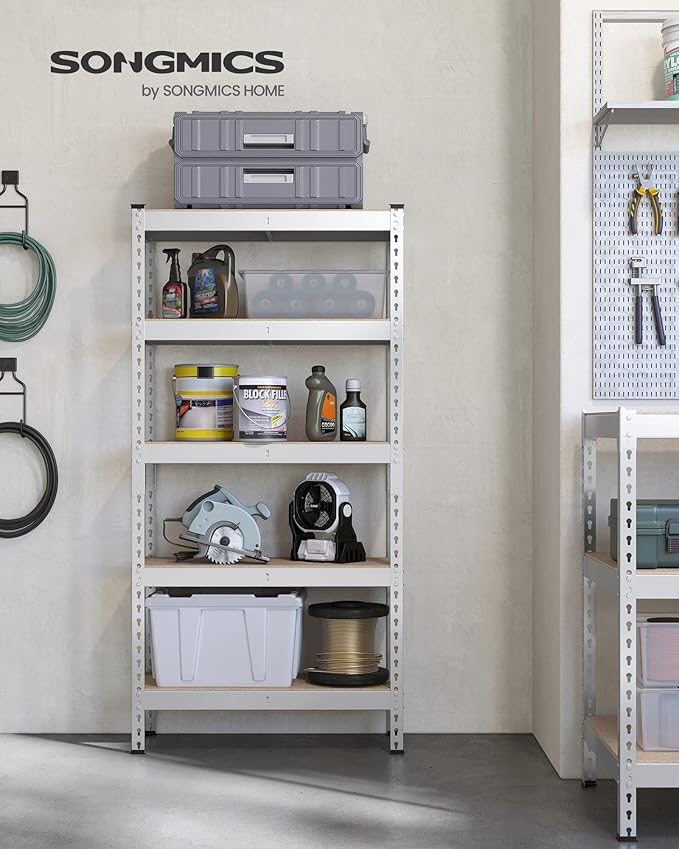 SONGMICS 5-Tier Storage Shelves, Load 2310 lb, Garage Storage, Boltless Assembly, Adjustable Shelving Unit, 11.8 x 29.5 x 59.1 Inches, for Study Shed Basement, Silver and Natural Beige UGLR300E01