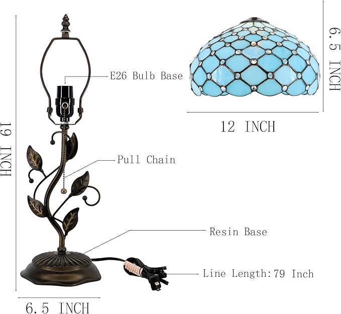 Tiffany Lamp Stained Glass Table Lamp Desk Bedside Reading Light 12X12X19 Inches with Metal Leaf Base(Sea Blue Beads)