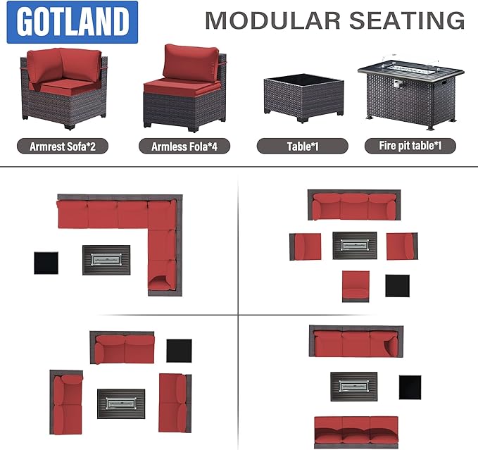 Gotland 8 Pieces Patio Furniture Set with Fire Pit Table, All Weather Rattan Outdoor Furniture with 29.5'' High Backrest 4’’ Thick Cushions Coffee Table, Outdoor Sectional for Porch, Deck, Red