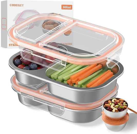 Snackle Box Container,Dishwasher,Reusable Snack Containers With Lids,2 Compartment Stainless Steel Snack Containers,Fruits, Snacks,Nuts,Salad,travel,800ML,White&Orange,2 Pack