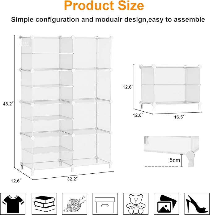 AWTATOS Closet Organizer 8 Cube Storage Shelves Clothes Organizers Closet Storage Stackable Cubby Shelving for Closet Bedroom Living Room Office, Transparent Twill