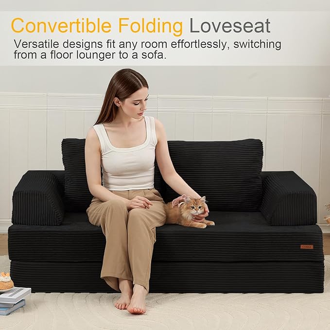 COMAX Convertible Sofa Bed – Folding Floor Couch Loveseat with Corduroy Cover & Pillows, Black | Multi‑Mode Lounger, Futon Sleeper Mattress for Living Room & Bedroom