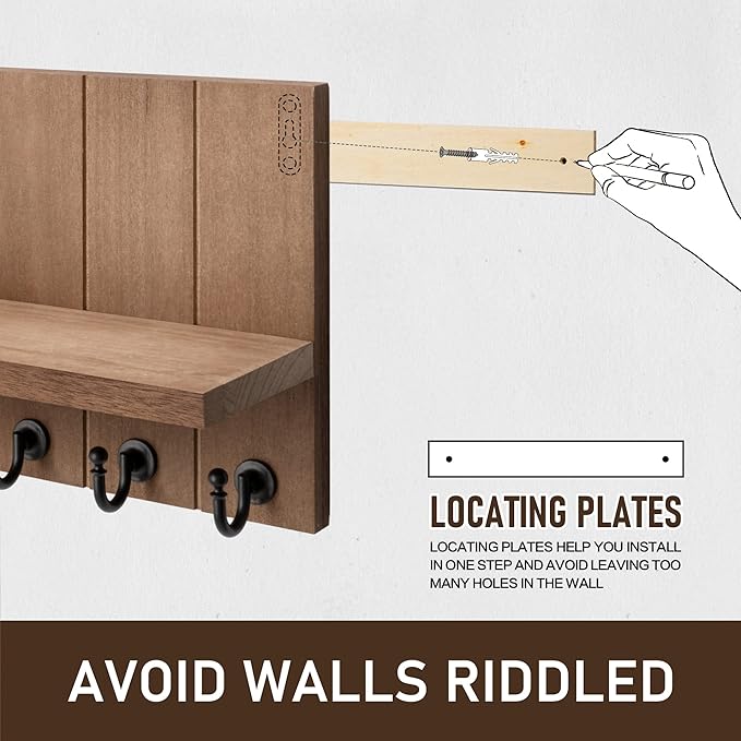 Rebee Vision Key Holder for Wall - Farmhouse Rustic Mail Organizer Floating Shelf for Home Kitchen Entryway Decor with 7 Sturdy Key Hooks (Retro Brown)