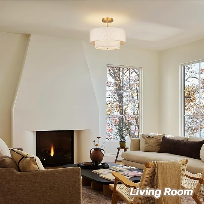 18 Inch Large Semi Flush Mount Ceiling Light Fixture with Dual Drum Design, Gold Farmhouse Fabric Linen Shade for Bedroom, Living Room, Kitchen, and Dining - Modern Chandelier Lamp