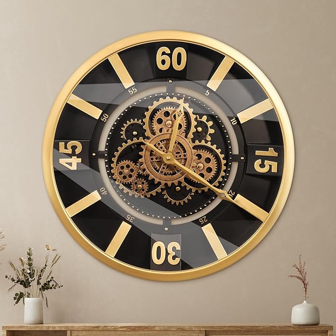 October Elf Large Real Moving Gears Wall Clock 18 Inch Vintage Industrial Steampunk Large Big Metal Wall Clock for Living Room Decor (18 Inch Golden Arabic Numerals)