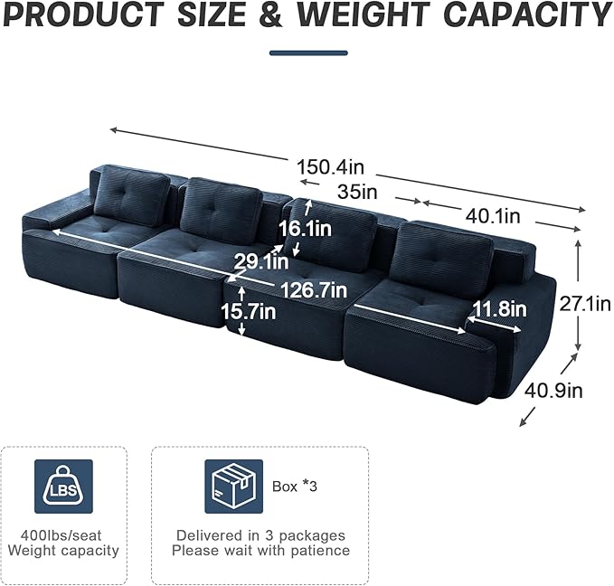 150.4'' Sectional Sofa, 32D Foam Corduroy Boneless Couch with Pillow, Deep Seat Wide Arm Sectional Couch for Apartment, Living Room, Bedroom