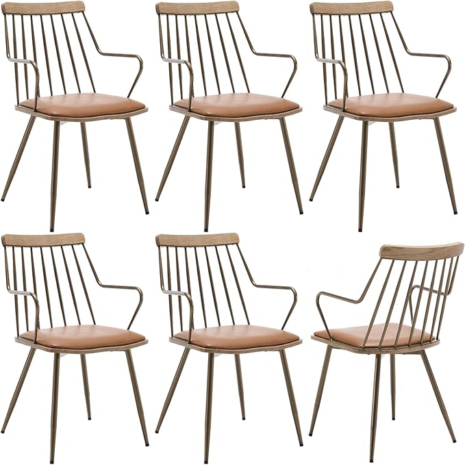 Modern Dining Chairs Set of 6, PU Upholstered Dining Chairs with Metal Legs, Wood Kitchen Chairs with Fence-Like Back and Curved Arm for Dining Room Kitchen Restaurant Reception (Brown)