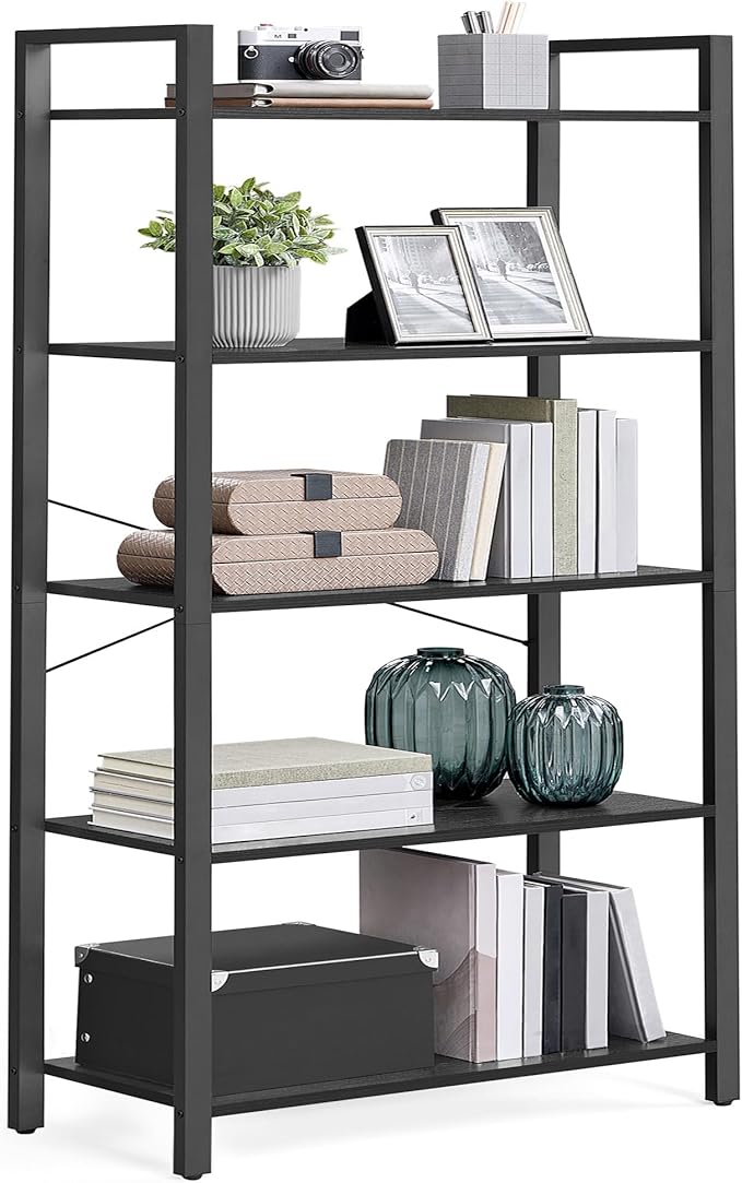 VASAGLE 5-Tier Bookshelf, Bookcase with Steel Frame, Book Shelf for Living Room, Home Office, Study, 11.8 x 26 x 60.2 Inches, Industrial Style, Ebony Black and Ink Black ULLS061B56