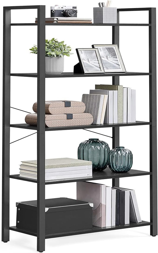 VASAGLE 5-Tier Bookshelf, Bookcase with Steel Frame, Book Shelf for Living Room, Home Office, Study, 11.8 x 26 x 60.2 Inches, Industrial Style, Ebony Black and Ink Black ULLS061B56